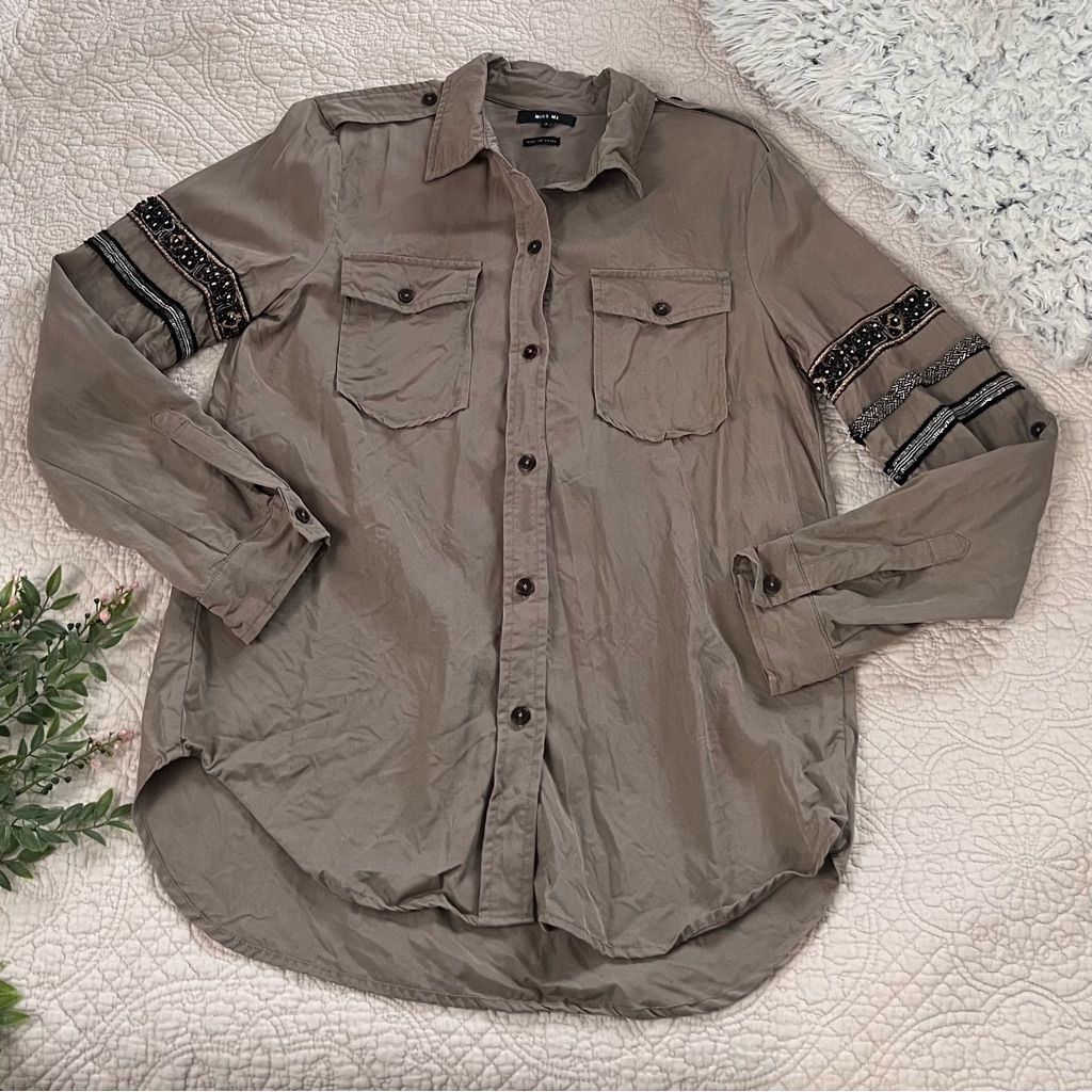 Miss Me: Women’s Army Green Button Up Long Sleeve Shirt With Bejeweled Sleeves